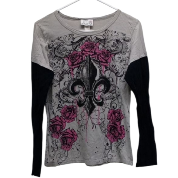 Emma G Gray And Black Pink Fleur De Lis Graphic And Long Sleeve Shirt - Picture 1 of 5